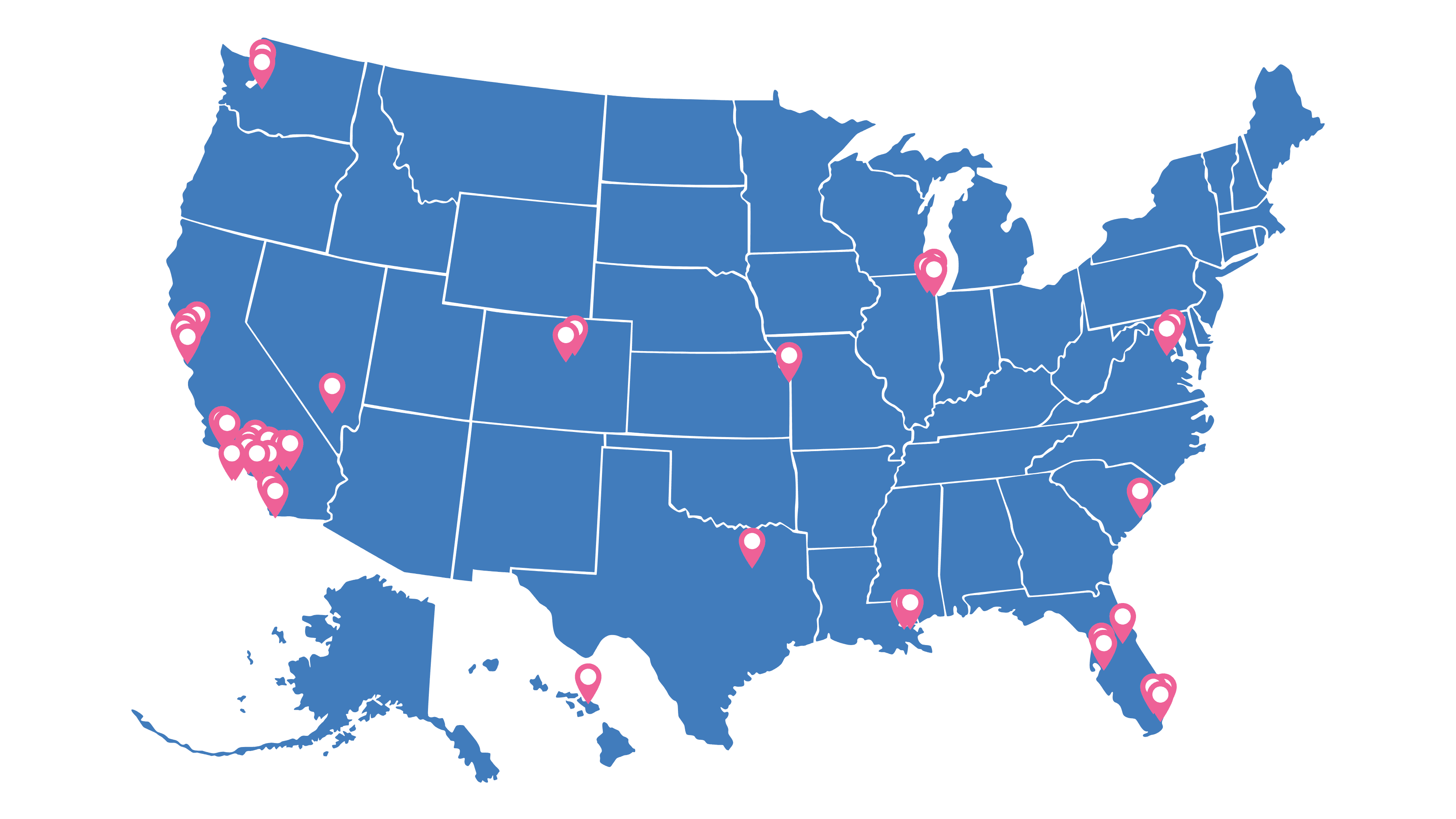 A blue map of the United States with pink location pins highlighting where Coast to Coast Conferences & Events has managed past events, conferences, galas, and sporting events.