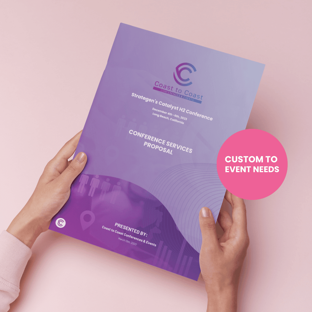 Client holding a CTC Event Services proposal with a bubble saying 'Custom to Your Event Needs,' highlighting tailored event solutions.