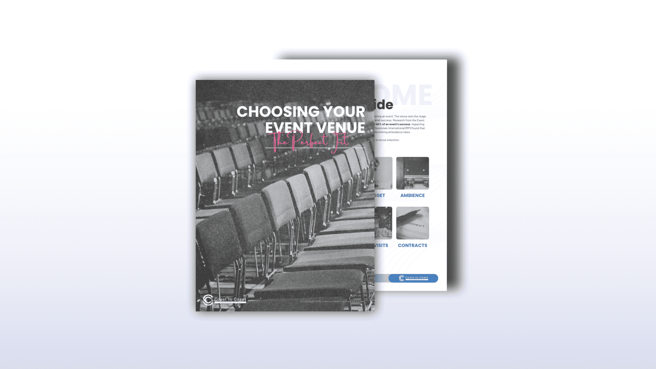 "Choosing Your Event Venue" guide cover featuring a modern event space with elegant lighting, a well-arranged seating layout, and a professional yet inviting atmosphere. The cover includes bold typography highlighting key venue selection insights for event planners.
